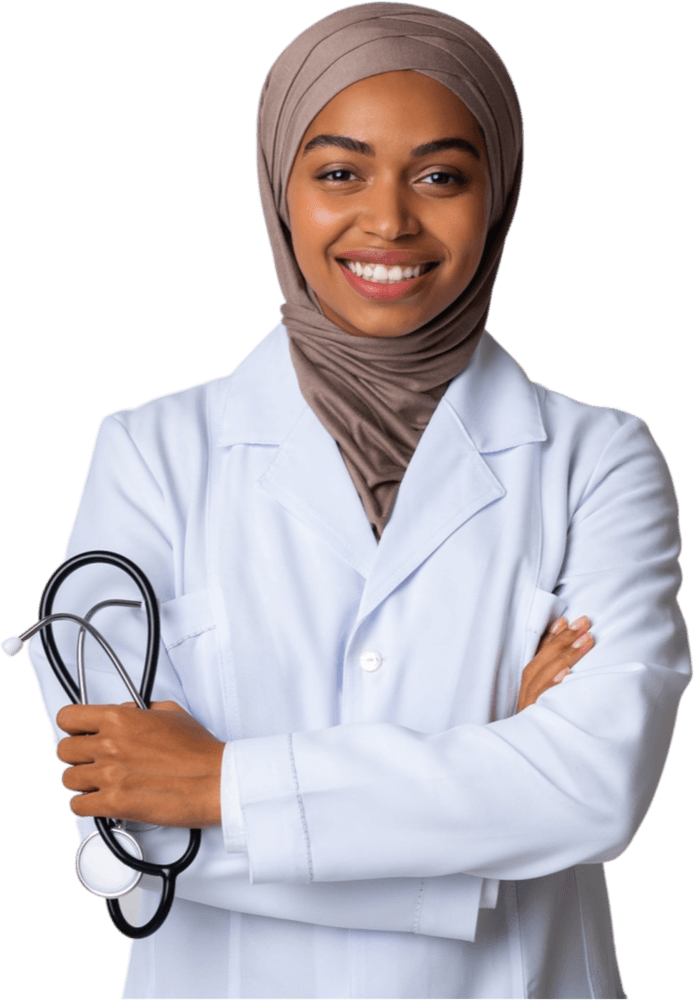 An ABC caregiver, smiling